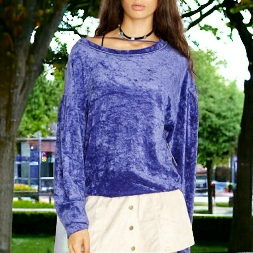 Free People WE THE FREE Purple Crushed Velvet Sweater Y2K Boho Pullover Top M